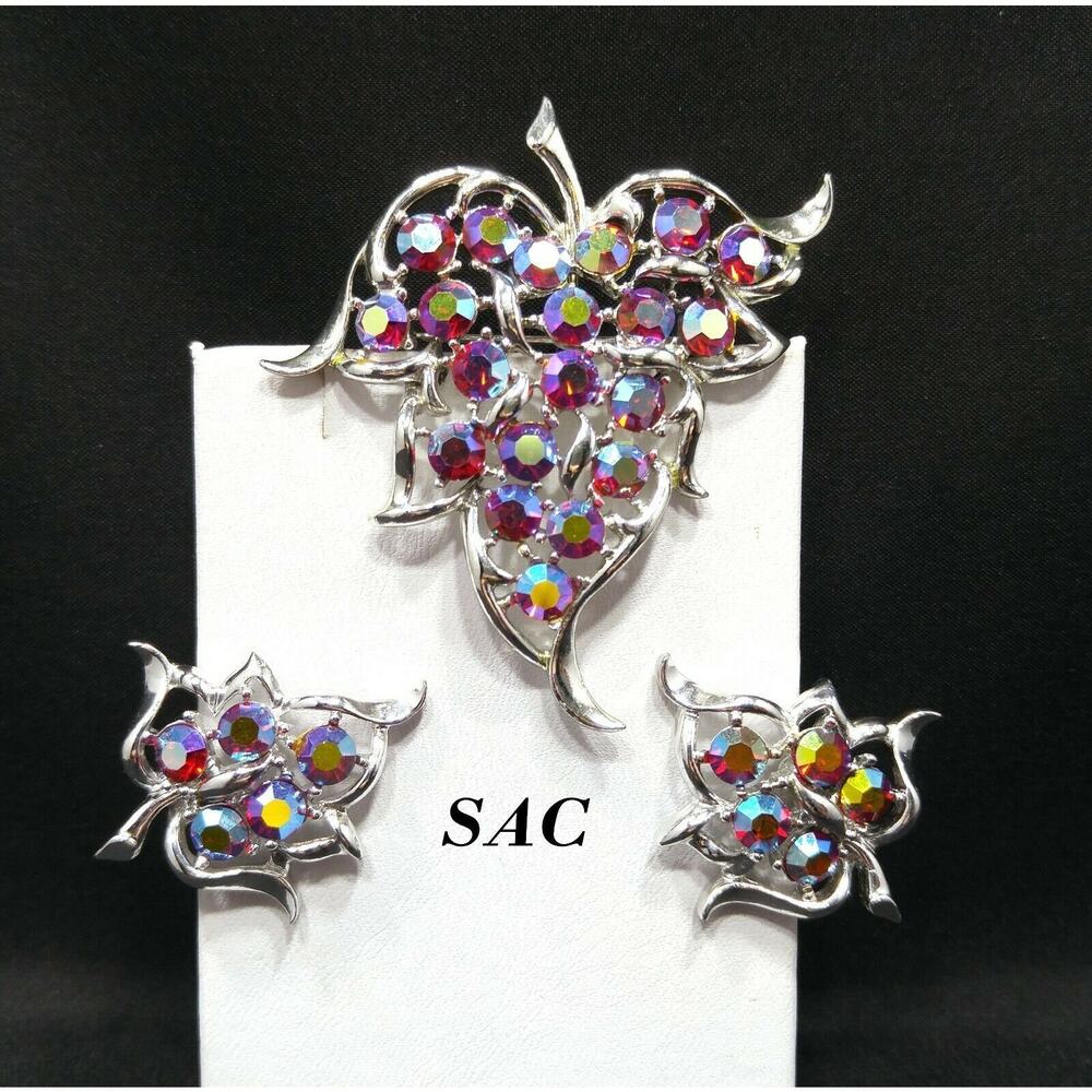Sarah Coventry Dazzling Aurora Brooch Earrings Red AB Rhinestone